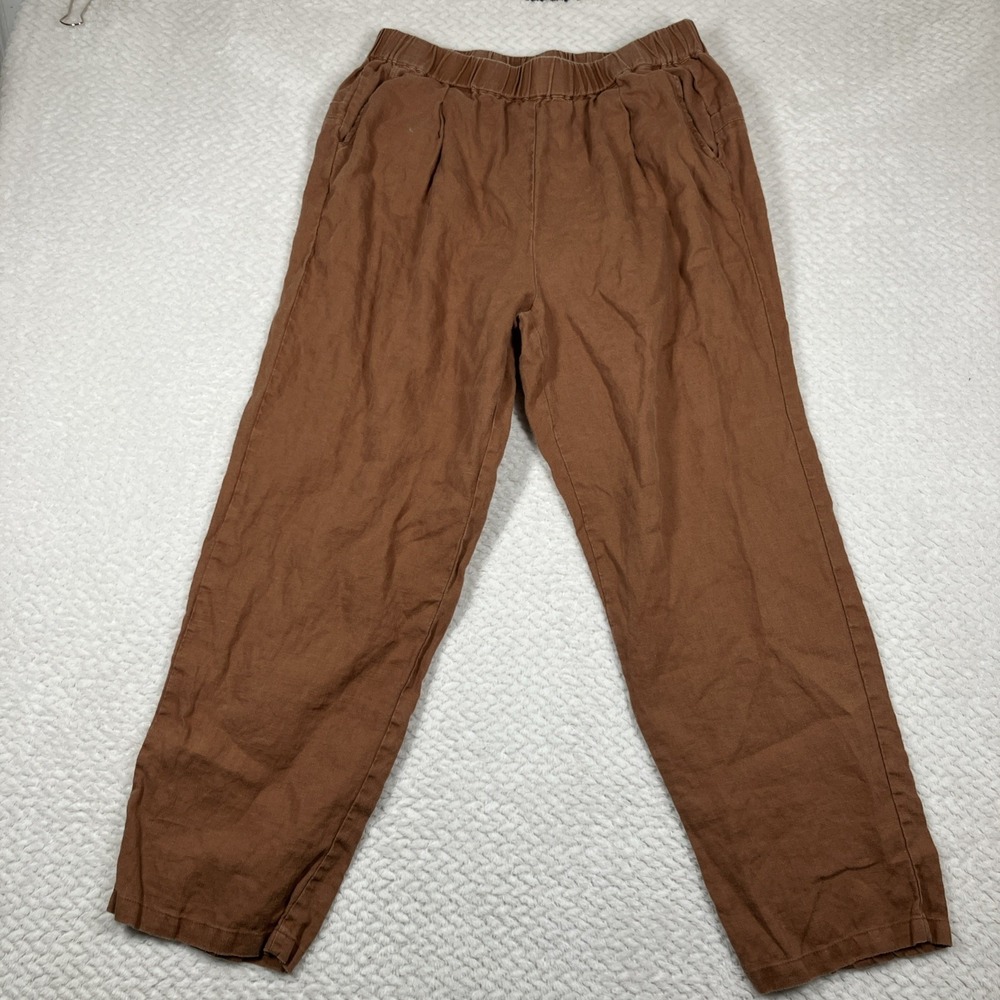 Lintico 100% Linen Brown Pants Large High Rise Lagenlook Boho Coastal
